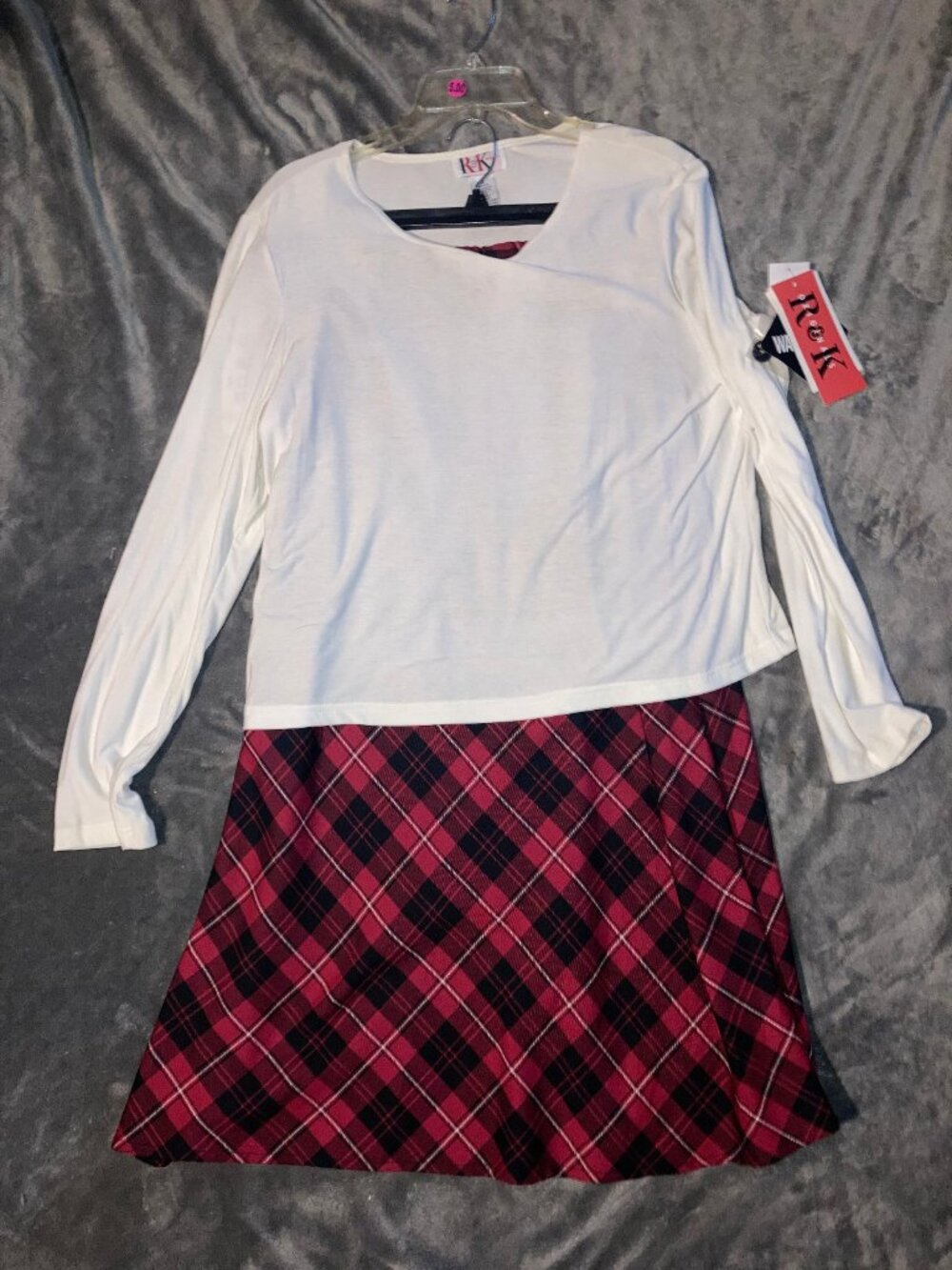 R&K Originals Size 16 White Shirt and Red Plaid Skirt Outfit